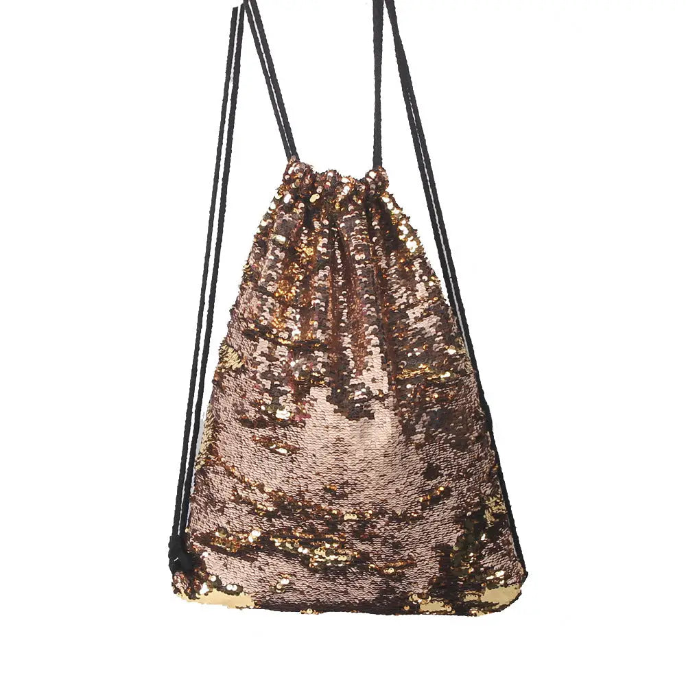 Aesthetic Sequined Drawstring Backpack - Gold / One Size