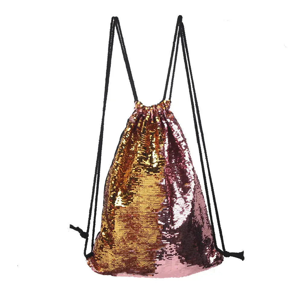 Aesthetic Sequined Drawstring Backpack - Pink. / One Size