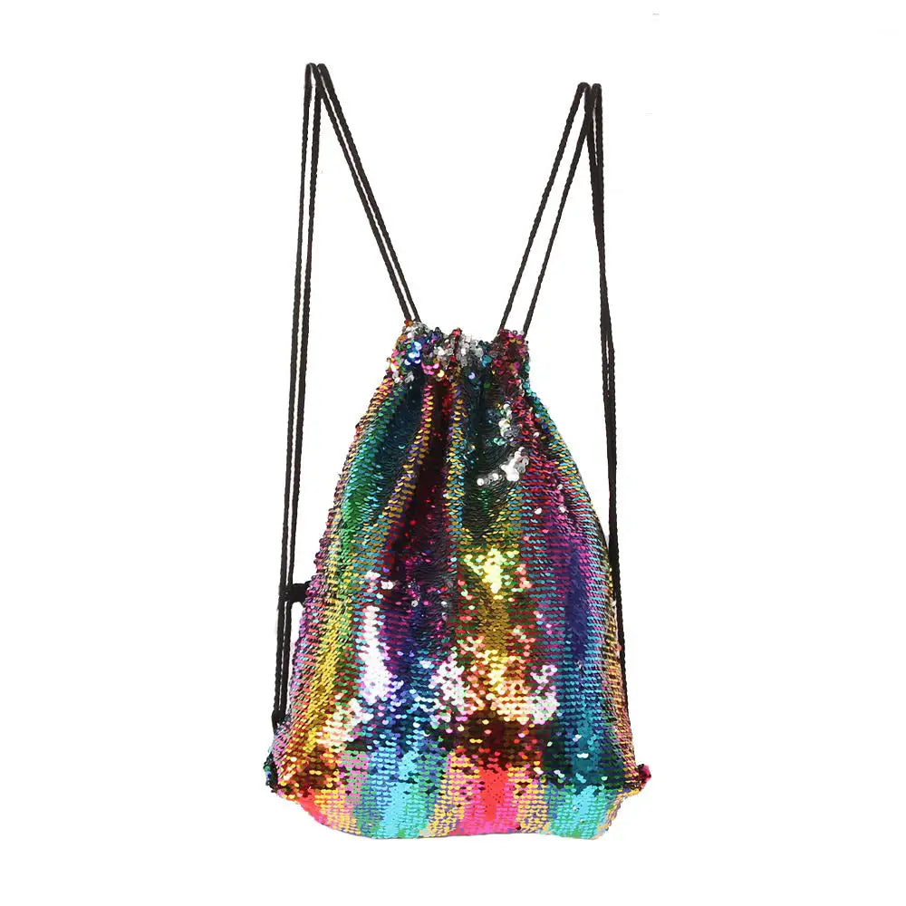 Aesthetic Sequined Drawstring Backpack - Rainbow / One Size
