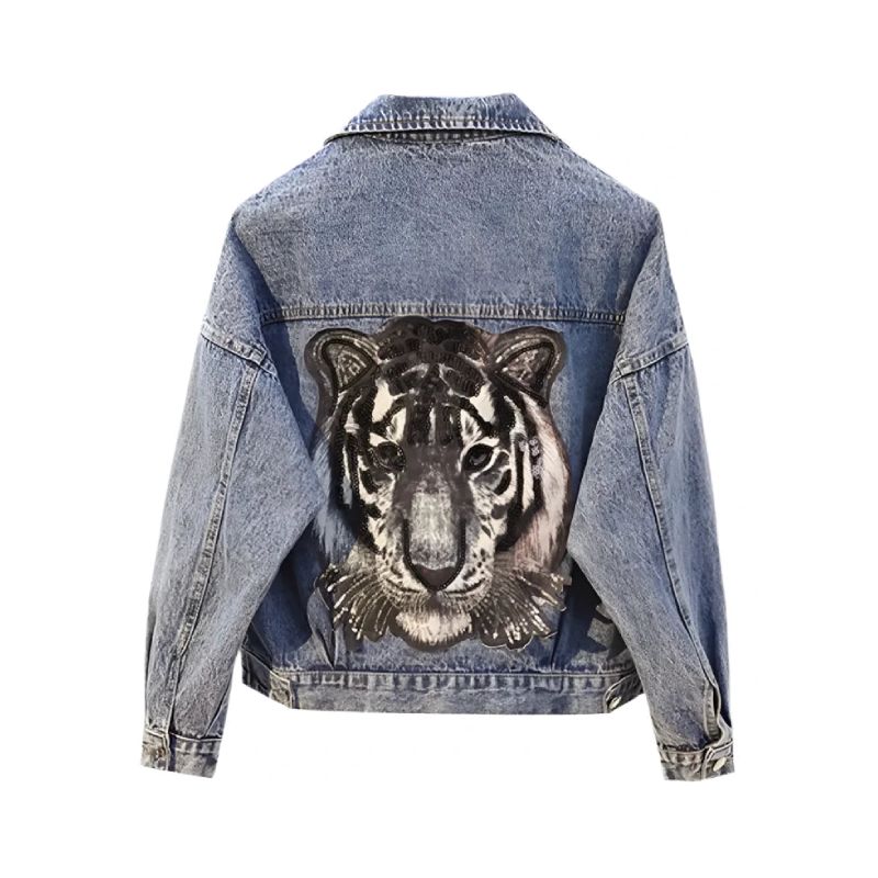 Aesthetic Sequined Tiger Denim Jacket