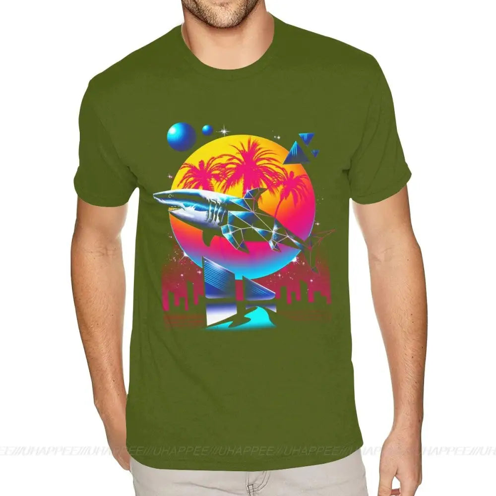 Aesthetic Shark Vaporwave T-Shirt - Army Green / S