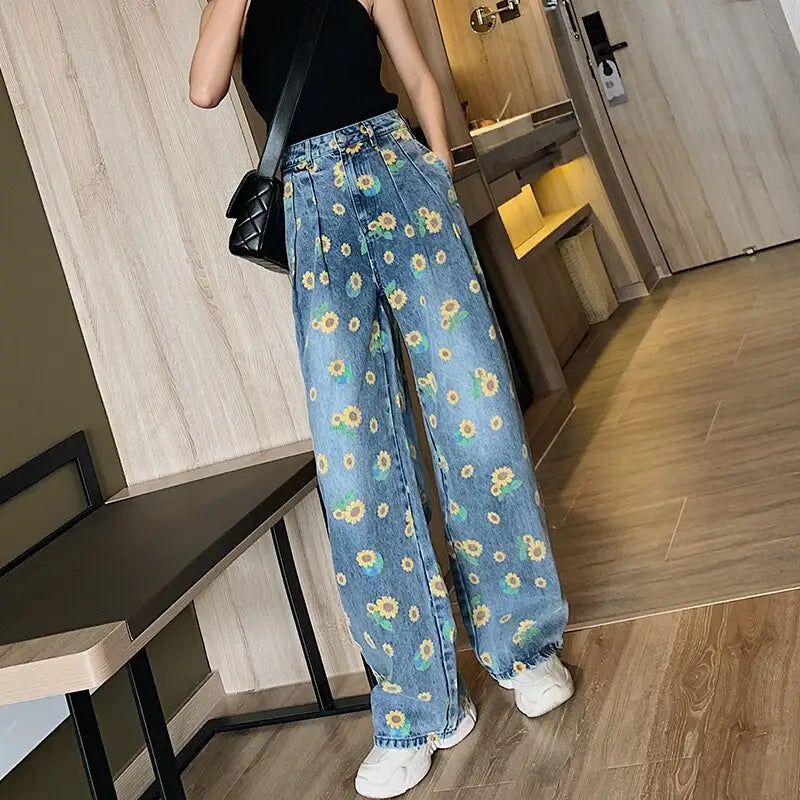 Aesthetic Sunflower Printed Loose Harajuku Pants