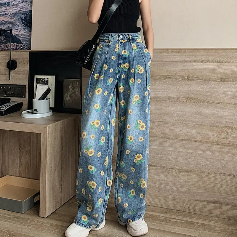 Aesthetic Sunflower Printed Loose Harajuku Pants