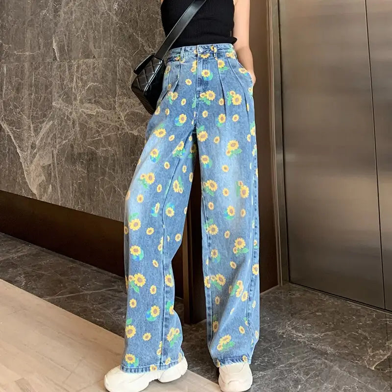 Aesthetic Sunflower Printed Loose Harajuku Pants