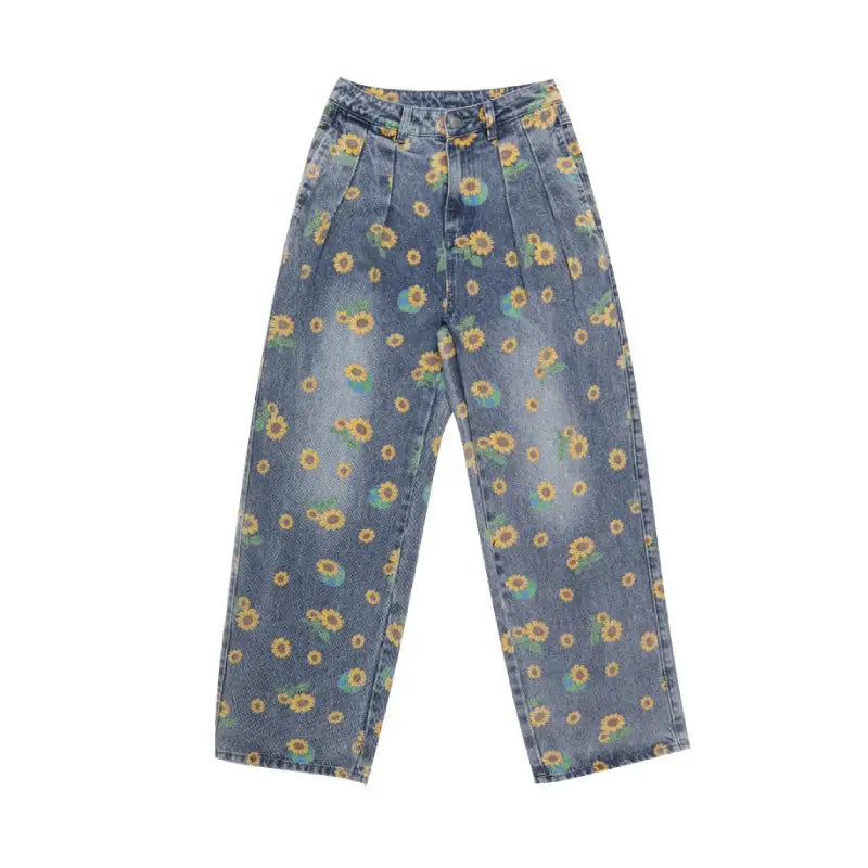 Aesthetic Sunflower Printed Loose Harajuku Pants Blue Jeans