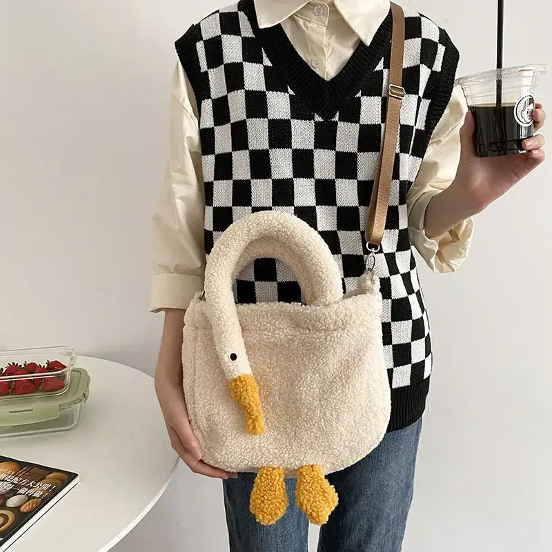 Aesthetic Swan Plush Tote Wrist CrossBody Handbag - Bag