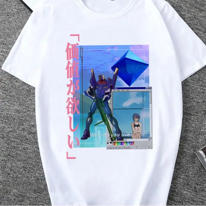 Aesthetic Vaporwave Cool Print T-Shirt - Evangelion / XL