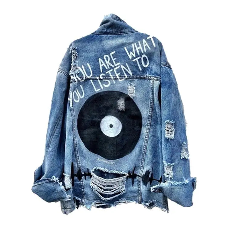 Aesthetic Vinyl Disc Denim Jacket for Women Blue / S