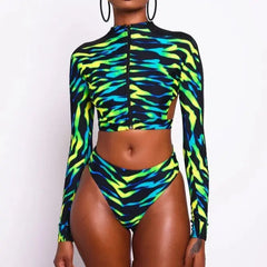 African Long-Sleeve Two-Piece Bikini Brazilian with Zipper
