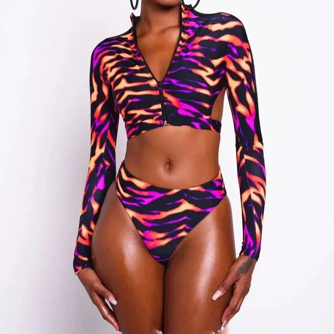 African Long-Sleeve Two-Piece Bikini Brazilian with Zipper