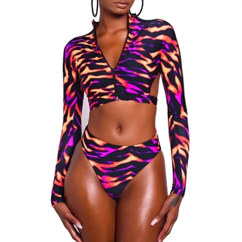 African Long-Sleeve Two-Piece Bikini Brazilian with Zipper