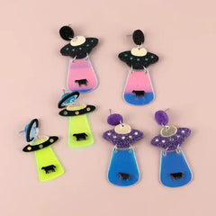 Alien Acrylic Drop Dangle Earrings Neon Spaceship Design