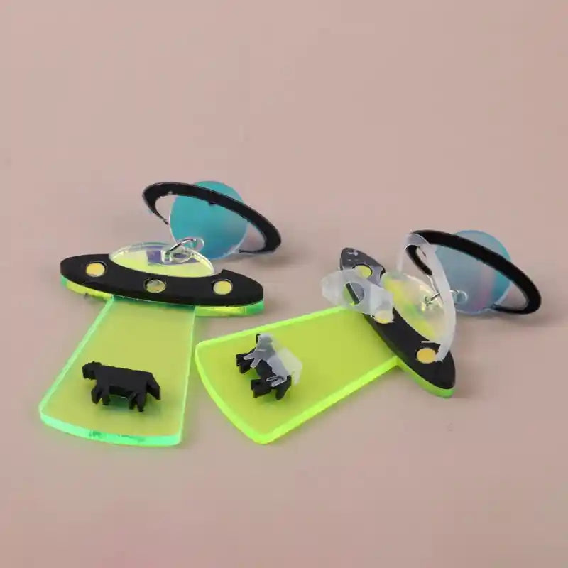 Alien Acrylic Drop Dangle Earrings Neon Spaceship Design