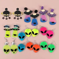 Alien Acrylic Drop Dangle Earrings Neon Spaceship Design