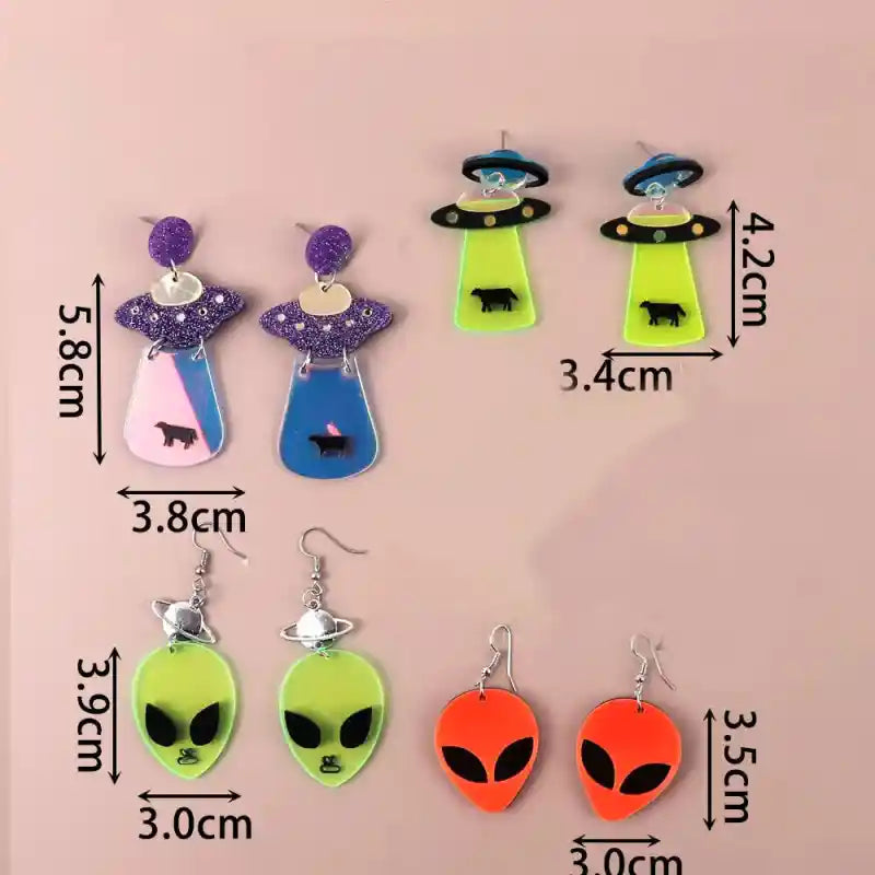 Alien Acrylic Drop Dangle Earrings Neon Spaceship Design
