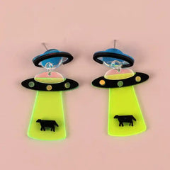 Alien Acrylic Drop Dangle Earrings Neon Spaceship Design