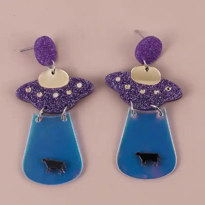 Alien Acrylic Drop Dangle Earrings Neon Spaceship Design