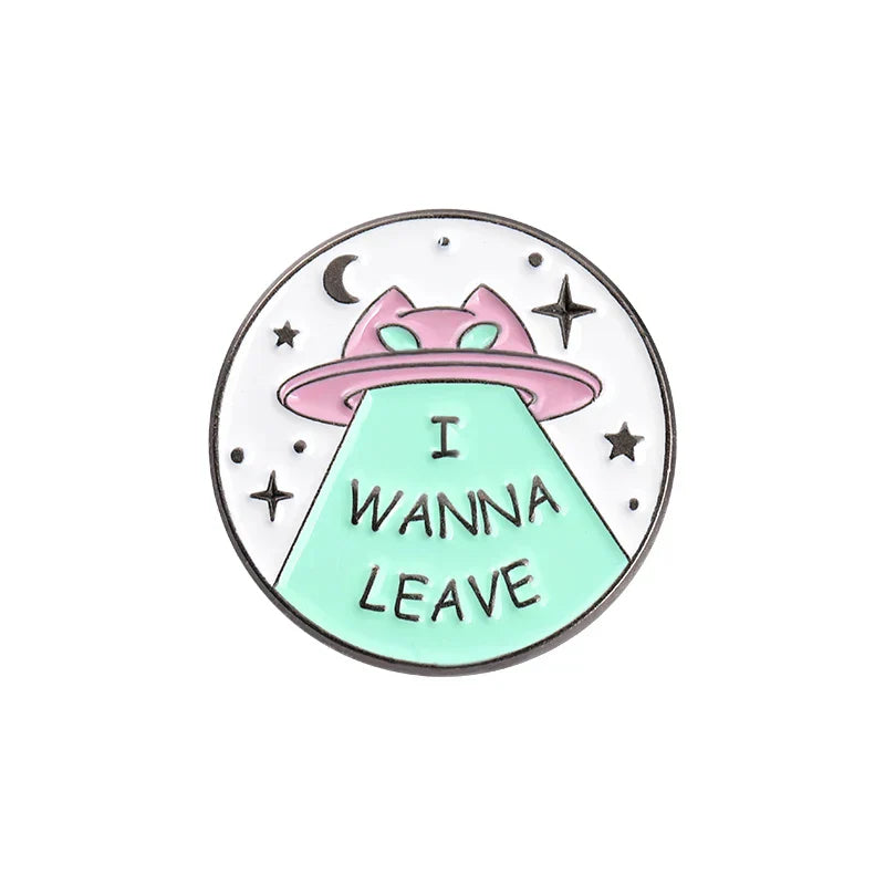 Alien Cat Lapel Badge with Moon Spaceship Design I Wanna