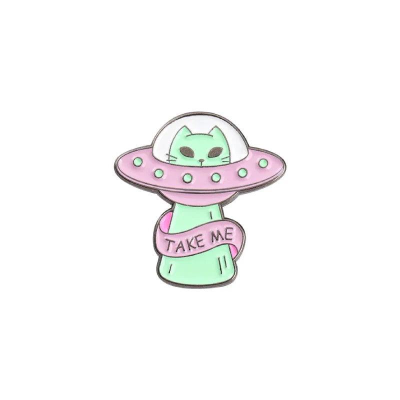 Alien Cat Lapel Badge with Moon Spaceship Design Take