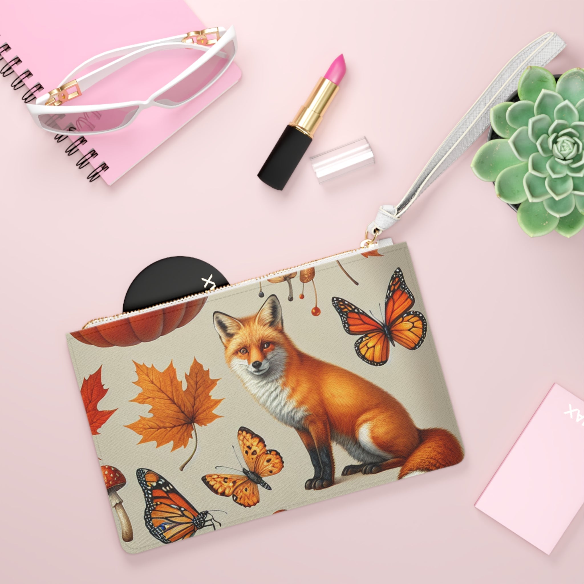 Amber Autumn Travel Clutch Bag with Fall Fox and Leaf