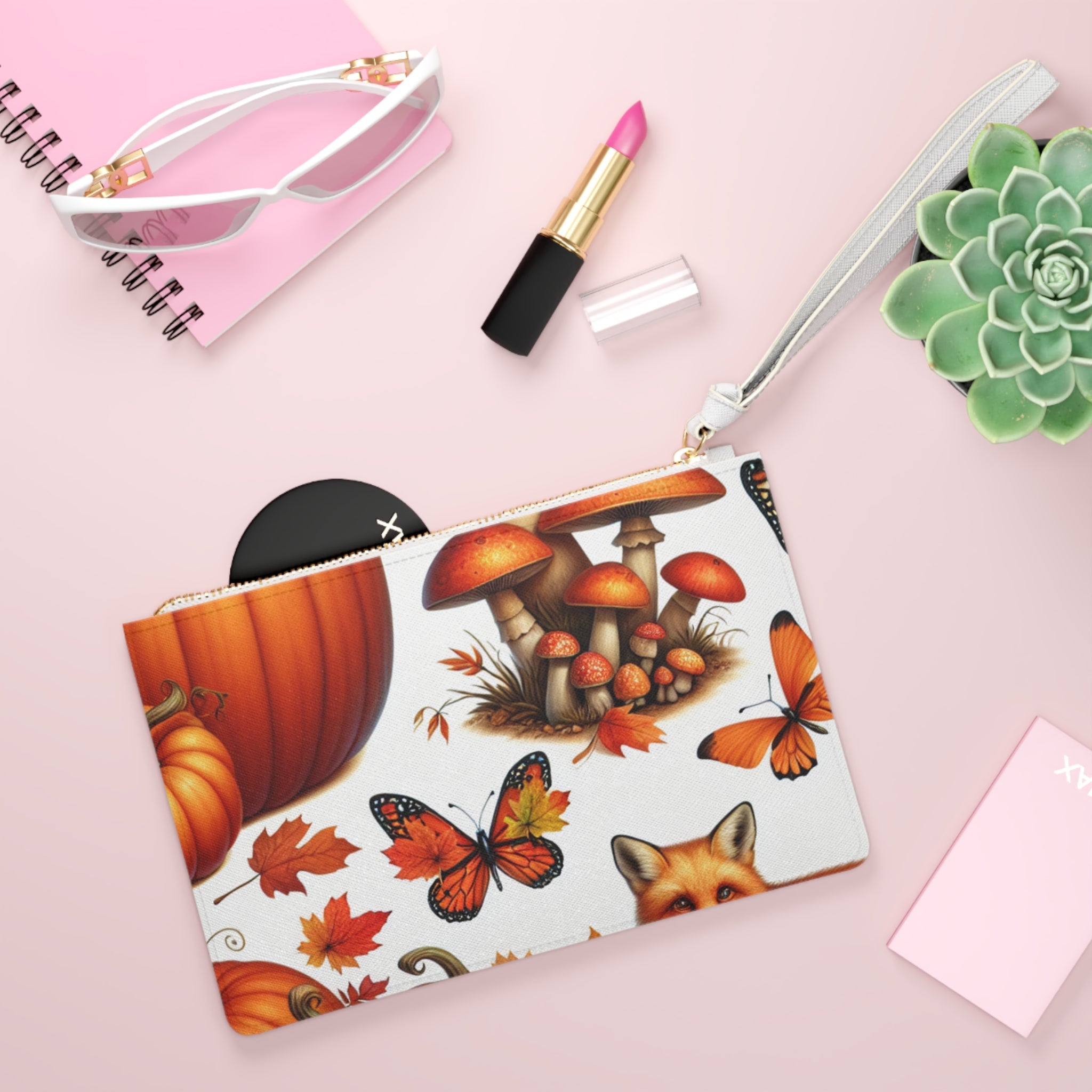 Amelia Harvest Clutch Bag with Autumn Fox and Pumpkin Print