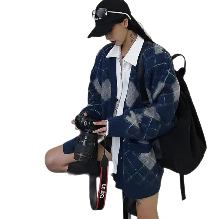 American Retro Plaid Oversize Knitted Cardigan