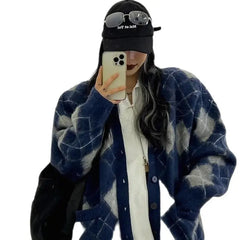 American Retro Plaid Oversize Knitted Cardigan Blue