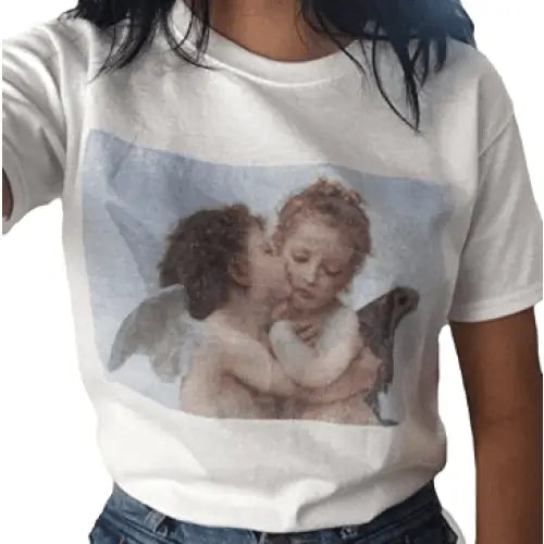 Angel Kissing Aesthetic T-Shirt - White / S - T-shirts