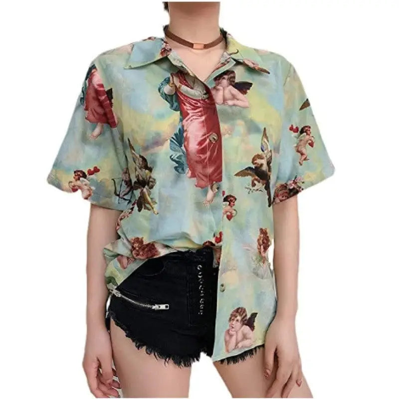 Angels Soft Aesthetic Short Sleeve Button Down Shirt