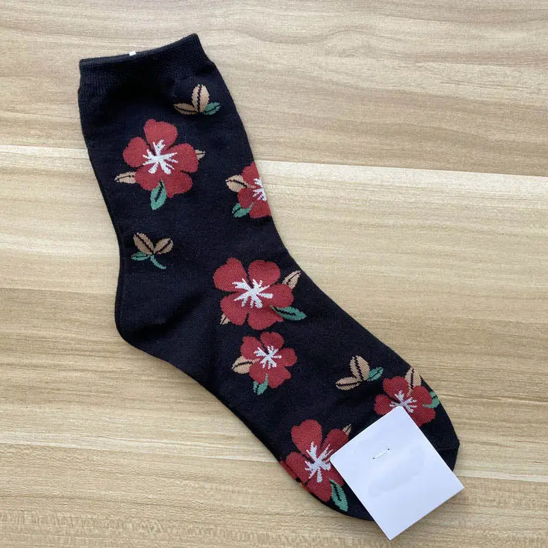 Animal Cartoon Middle Tube Socks - Black Flowers