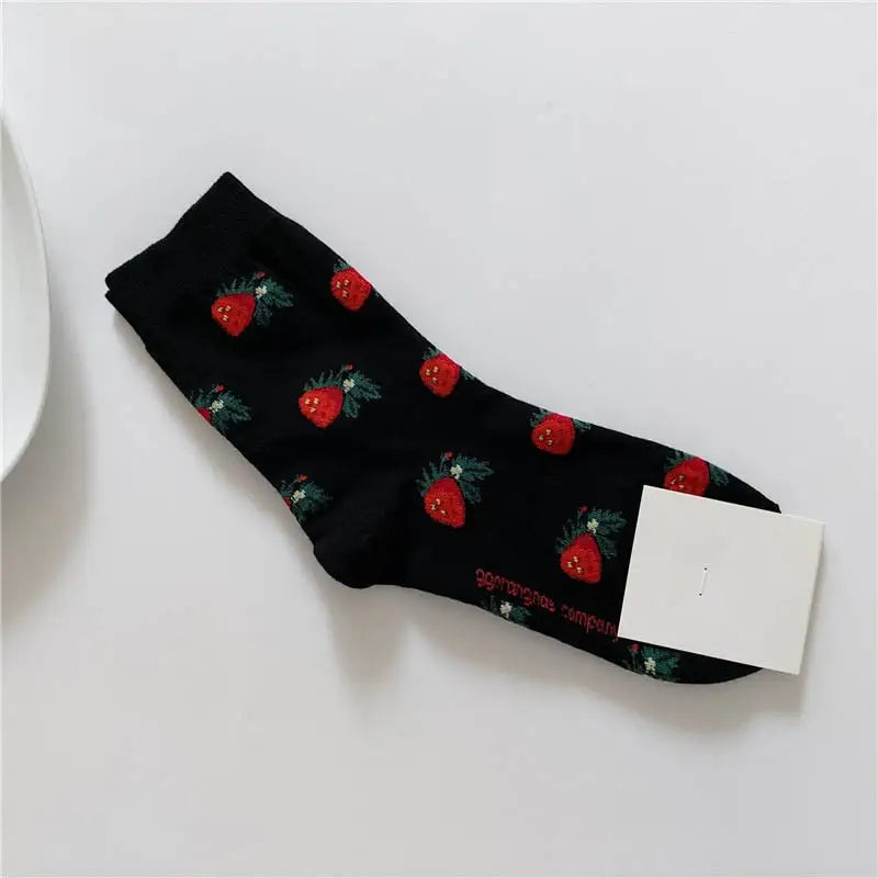 Animal Cartoon Middle Tube Socks - Black Strawberry