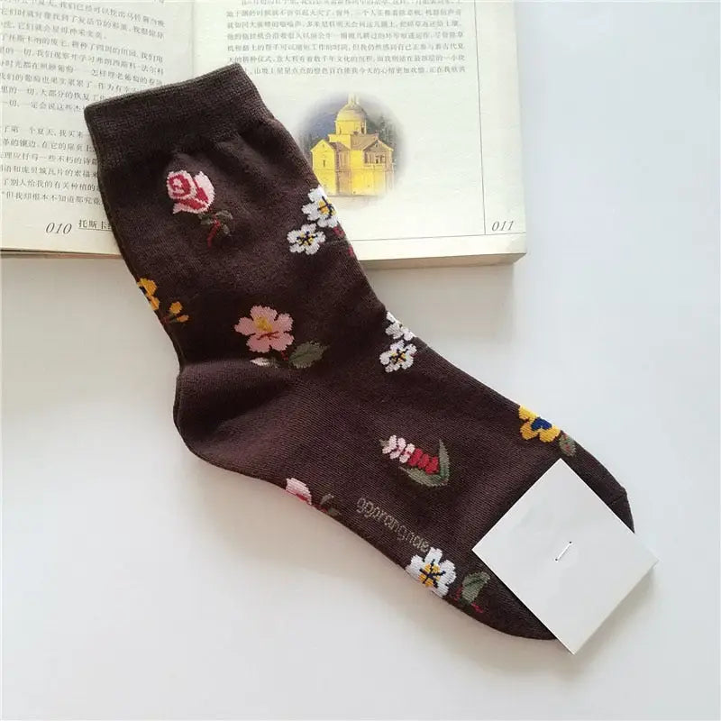 Animal Cartoon Middle Tube Socks - Brown Flowers / One Size