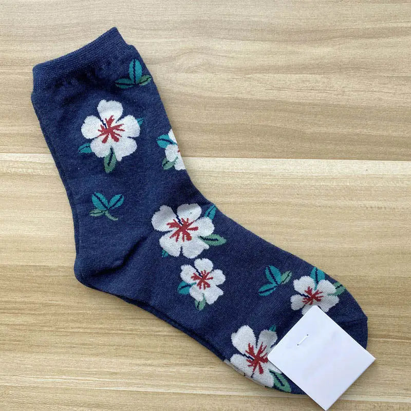 Animal Cartoon Middle Tube Socks - Dark Blue Flowers