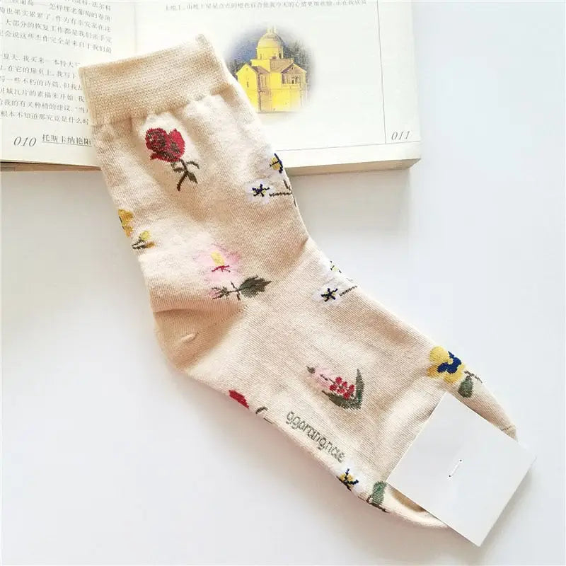 Animal Cartoon Middle Tube Socks - Khaki Flowers / One Size