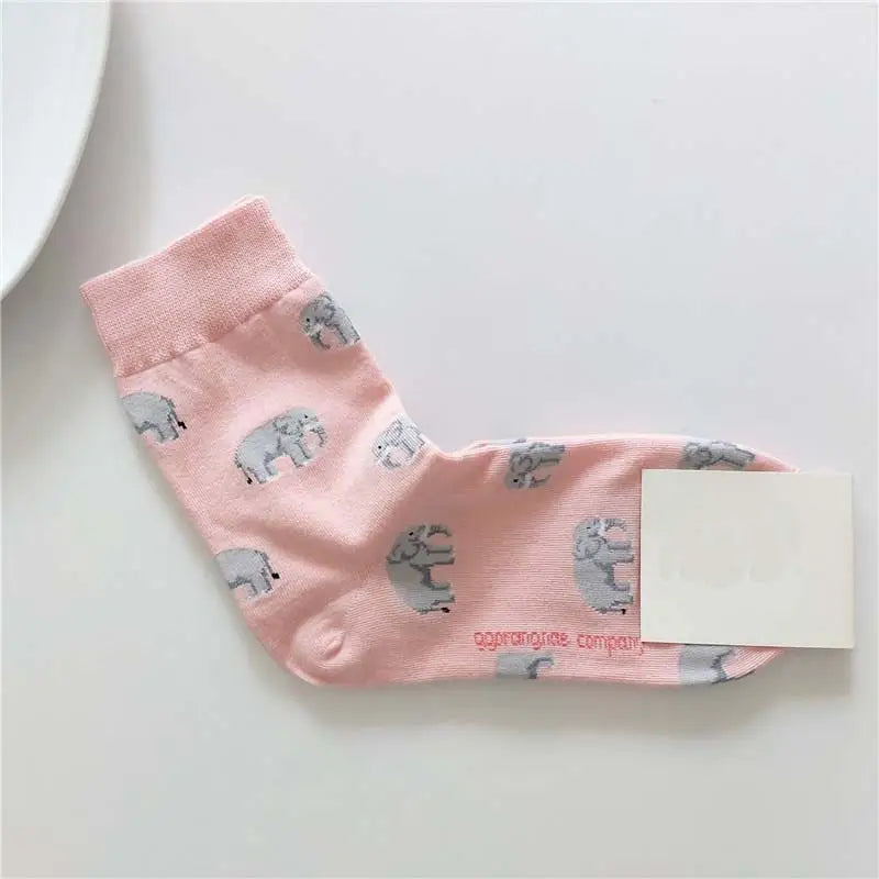 Animal Cartoon Middle Tube Socks - Pink Elephant / One Size