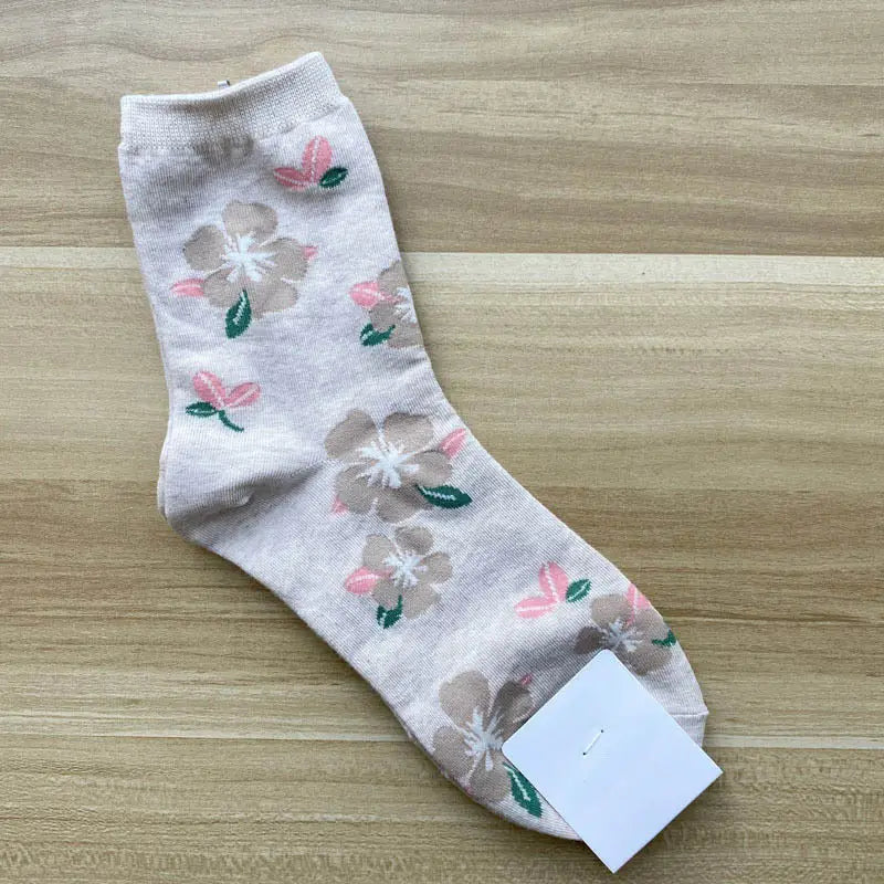 Animal Cartoon Middle Tube Socks - White Flowers C