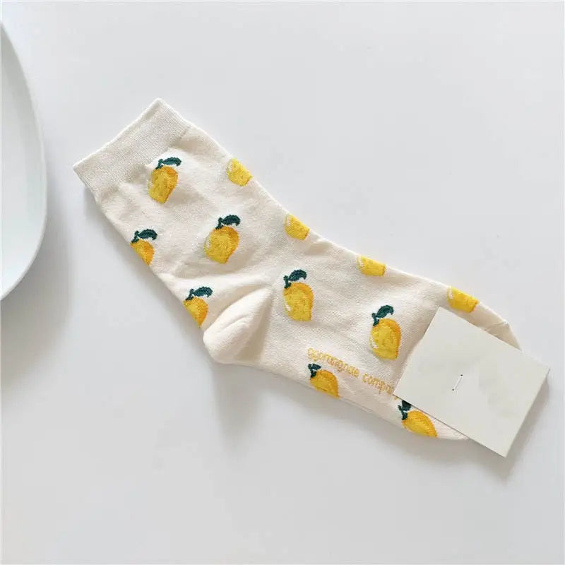 Animal Cartoon Middle Tube Socks - White Lemon / One Size
