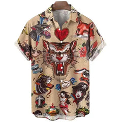 Animal Elements Print Shirts For Men 3D Tiger Graphic T Shirts Streetwear Fashion Trend Short Sleeve Men’s Single-Breasted Shirt