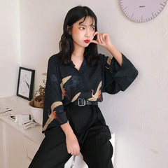 Animal Print Crane Black Blouses