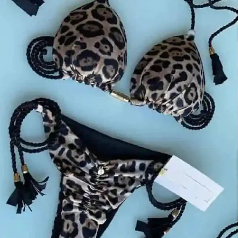 Animal Print Micro Thong Swimsuit with Circle Design / S