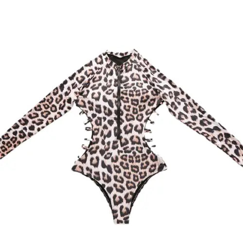 Animal Print One-Piece Long-Sleeve Swimwear with Zipper