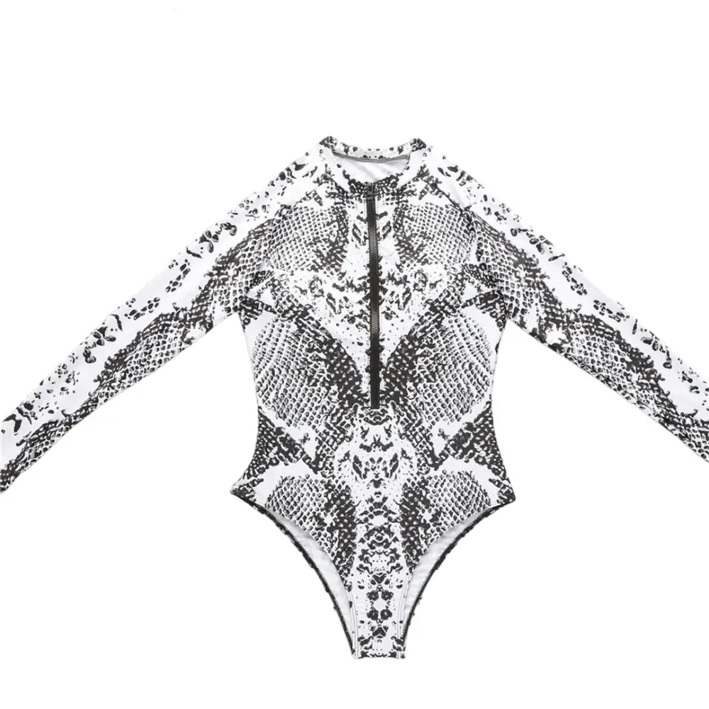 Animal Print One-Piece Long-Sleeve Swimwear with Zipper