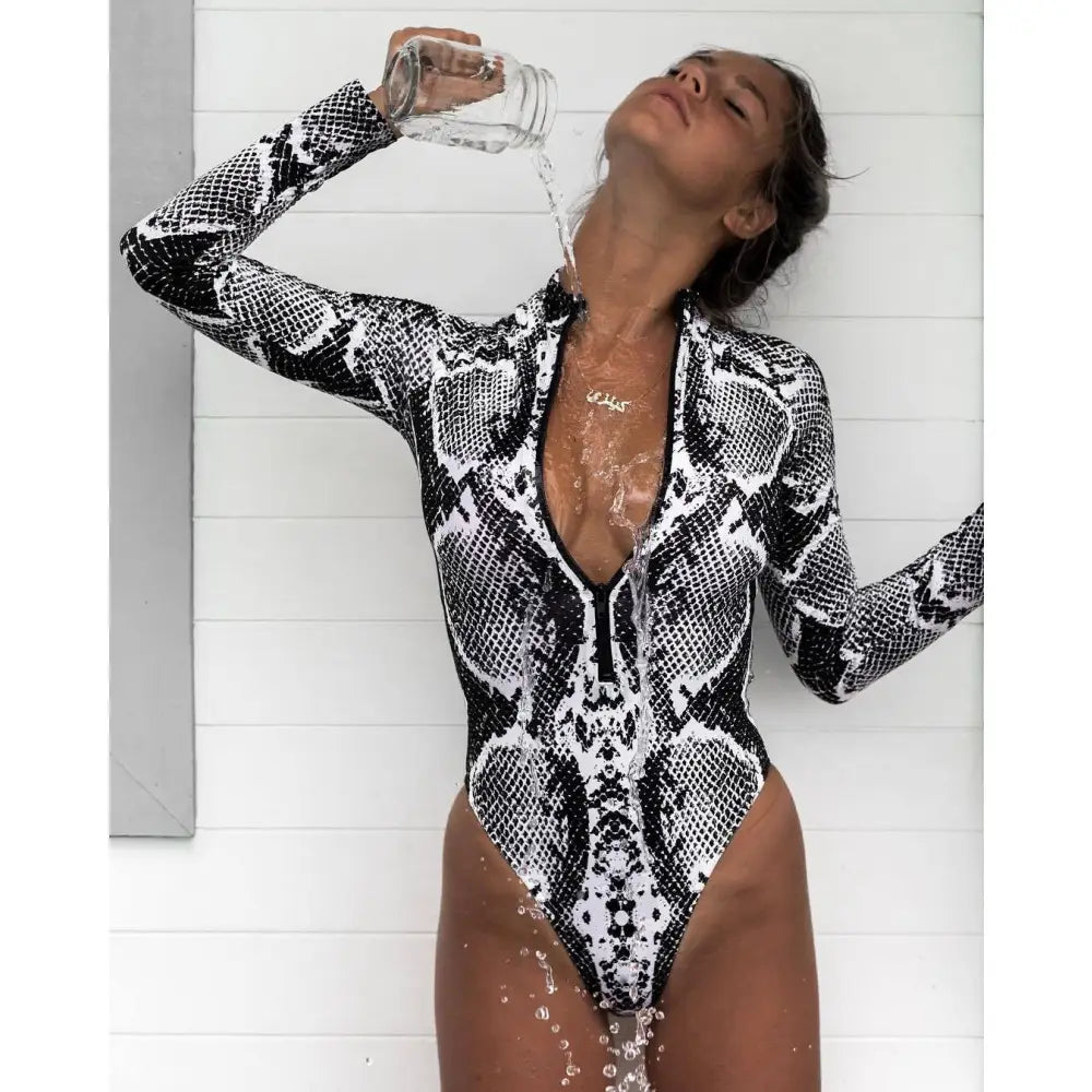 Animal Print One-Piece Long-Sleeve Swimwear with Zipper