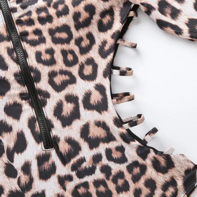 Animal Print One-Piece Long-Sleeve Swimwear with Zipper