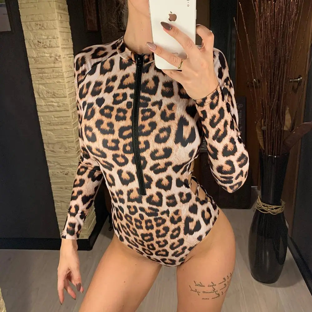 Animal Print One-Piece Long-Sleeve Swimwear with Zipper