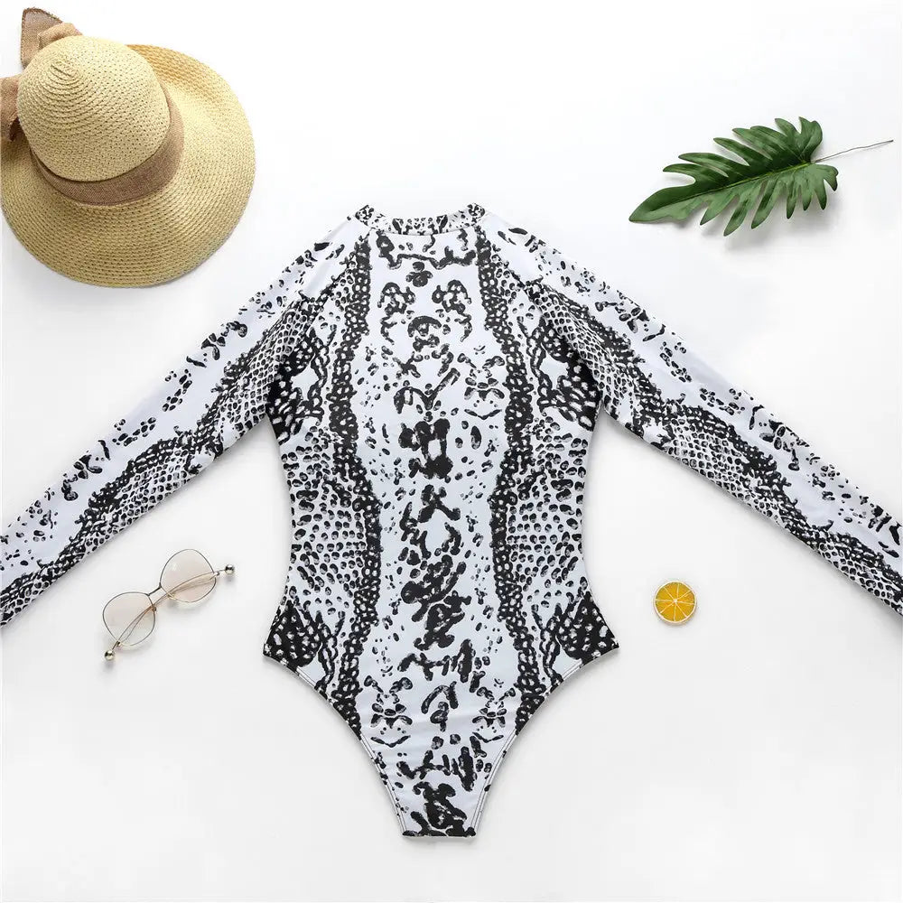 Animal Print One-Piece Long-Sleeve Swimwear with Zipper