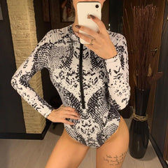 Animal Print One-Piece Long-Sleeve Swimwear with Zipper