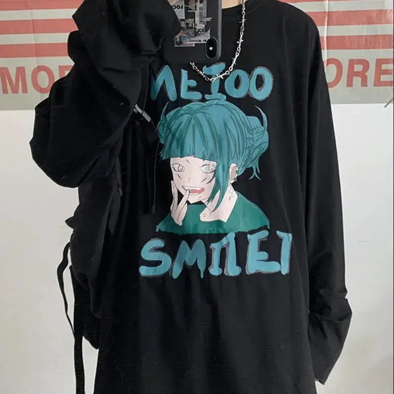 Anime Happy Face Print Oversized Sweatshirt Black-Green / M