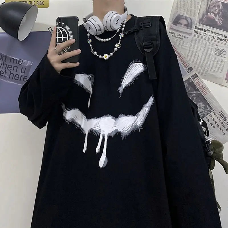 Anime Happy Face Print Oversized Sweatshirt Black-Face / M