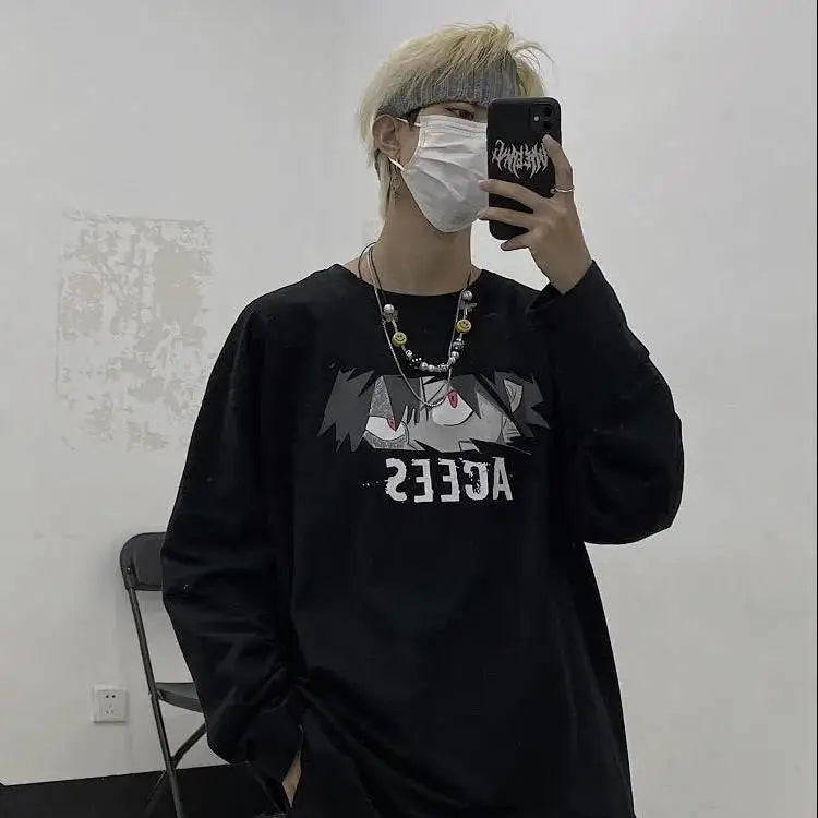 Anime Happy Face Print Oversized Sweatshirt Black-Anime / M